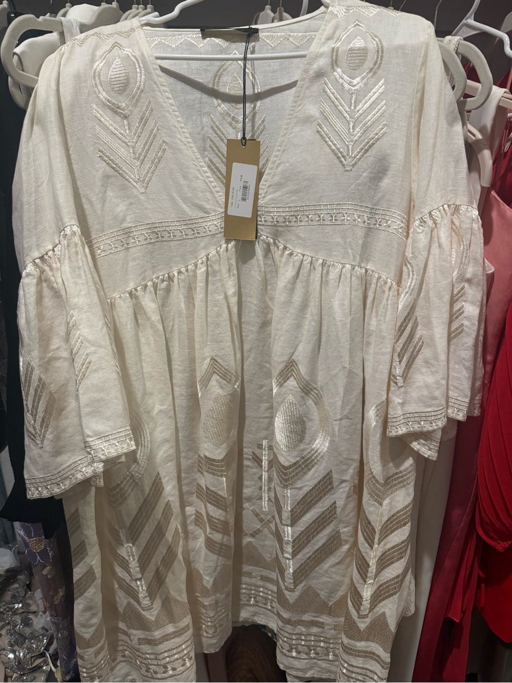 Greek Archaic Kori Gold Embroidered Metallic Mini Boho Cream Tunic Dress - Picture 5 of 5